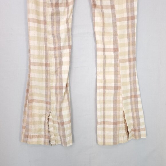 Free People Plaid Flare Pants Womens 0 Linen Blend Low Rise Retro Hippie Boho - Picture 7 of 16